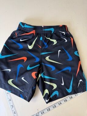 Nike Black Kids Shorts with Blue, Green, Orange & White Swoosh Print